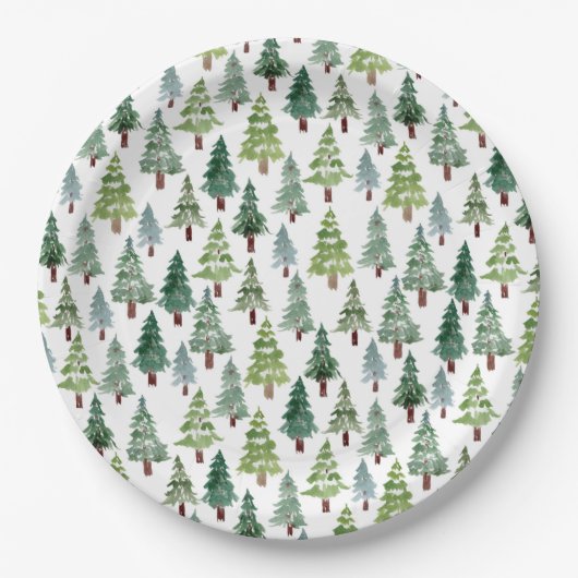 Assiettes En Carton Aquarelle Forêt d'hiver de pins rustiques (Devant)