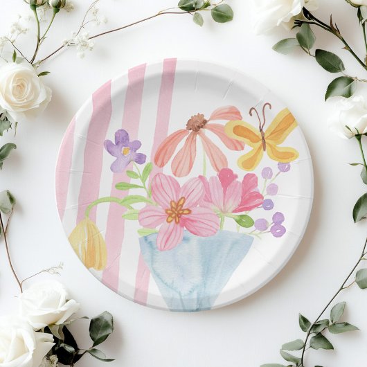 Assiettes En Carton Aquarelle fraîche hors du marché rose rayures