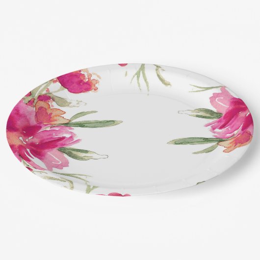 Assiettes En Carton Aquarelle Fuchsia Green Floral Graduation Party (Angle)