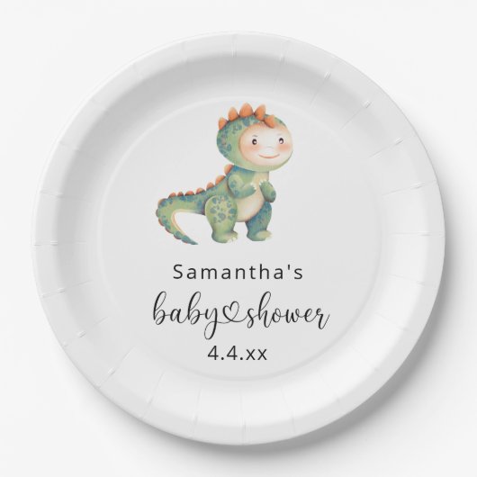 Assiettes En Carton Aquarelle garçon baby shower dinosaure (Devant)