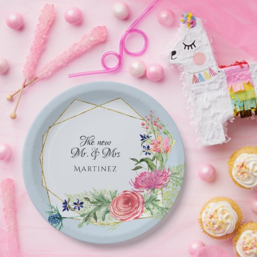 Assiettes En Carton Aquarelle Géométrique Dusty Bleu rose n Navy Flora (Fête)