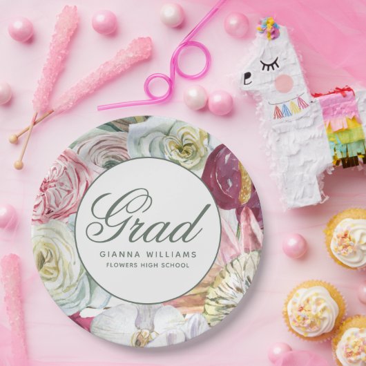 Assiettes En Carton Aquarelle Grad Floral Élégant Graduation Moderne (Fête)
