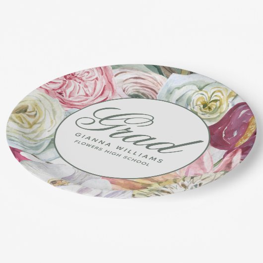 Assiettes En Carton Aquarelle Grad Floral Élégant Graduation Moderne (Angle)