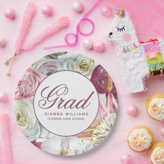 Assiettes En Carton Aquarelle Grad Floral Élégant Graduation Moderne (Fête)