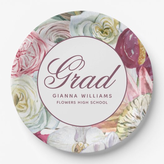 Assiettes En Carton Aquarelle Grad Floral Élégant Graduation Moderne (Devant)