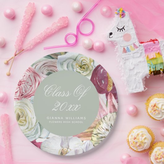 Assiettes En Carton Aquarelle Grad Floral Élégant Graduation Moderne (Fête)
