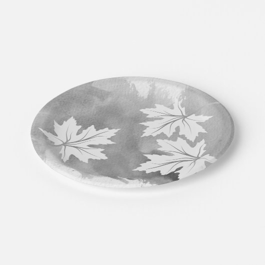 Assiettes En Carton Aquarelle gris moderne et feuilles d'érable (Angle)