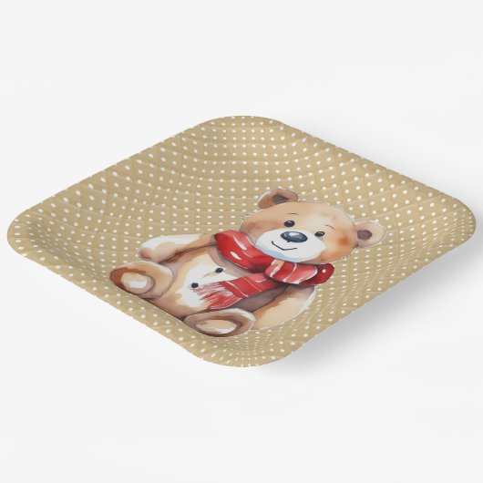 Assiettes En Carton Aquarelle Hiver Ours En Teddy Sur Pois (Angulaire)