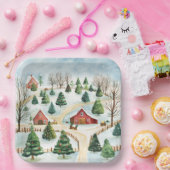 Assiettes En Carton Aquarelle Hiver Paysage rustique avec Fir Trees (Fête)