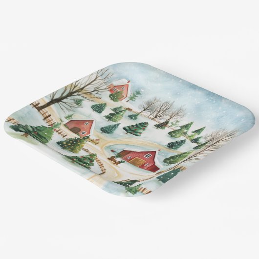 Assiettes En Carton Aquarelle Hiver Paysage rustique avec Fir Trees (Angulaire)