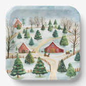 Assiettes En Carton Aquarelle Hiver Paysage rustique avec Fir Trees (Recto)