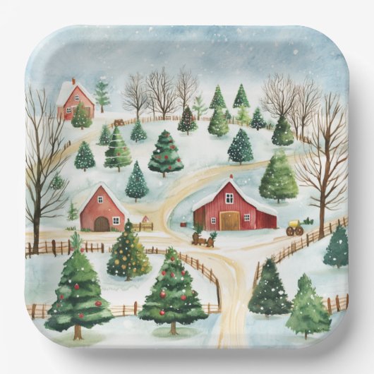 Assiettes En Carton Aquarelle Hiver Paysage rustique avec Fir Trees (Recto)