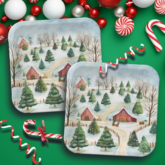 Assiettes En Carton Aquarelle Hiver Paysage rustique avec Fir Trees