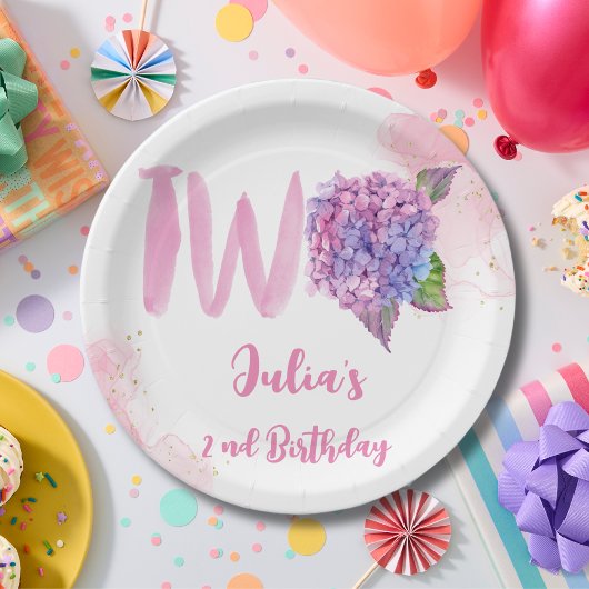 Assiettes En Carton Aquarelle hydrangée deuxième anniversaire