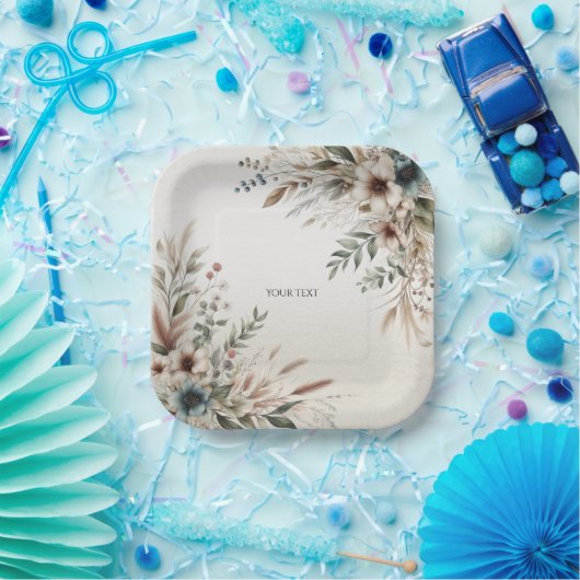 Assiettes En Carton Aquarelle Ivoire Bleu Fleurs Plaque de papier (Fête)