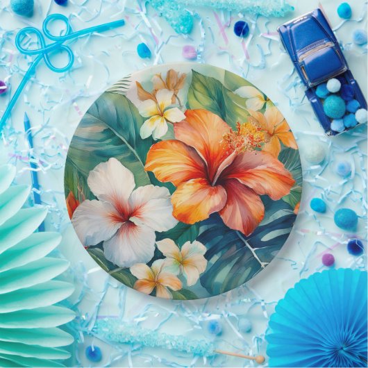 Assiettes En Carton Aquarelle Jardin hawaïen Hibiscus tropical (Fête)