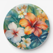 Assiettes En Carton Aquarelle Jardin hawaïen Hibiscus tropical (Devant)