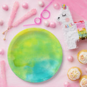 Assiettes En Carton Aquarelle jaune citron et bleu turquoise (Fête)