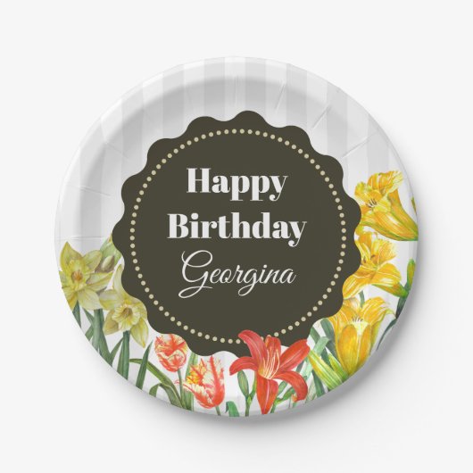 Assiettes En Carton Aquarelle Jaune Orange Fleurs de printemps (Devant)