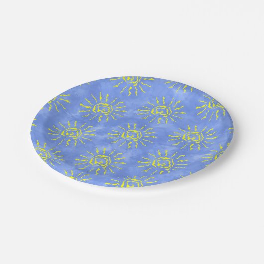 Assiettes En Carton Aquarelle Jaune Soleil Arrière - plan Bleu (Angle)