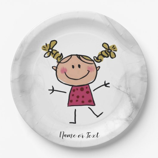 Assiettes En Carton Aquarelle Joyeux Bâton fille Rosée Robe Élégante (Devant)