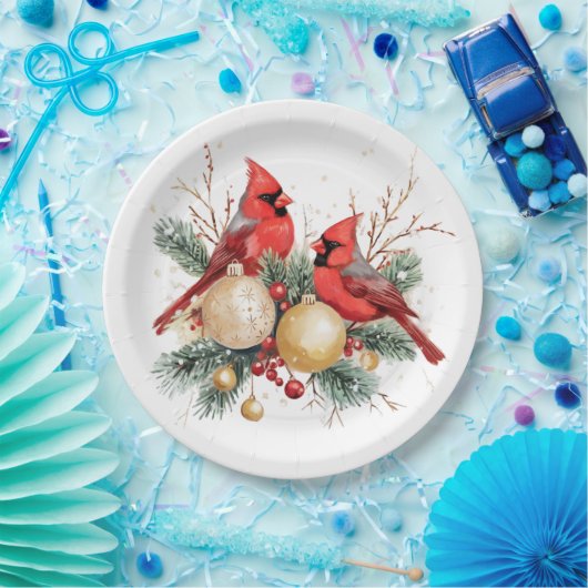 Assiettes En Carton Aquarelle Joyeux Noël Cardinal rouge & Berries (Fête)
