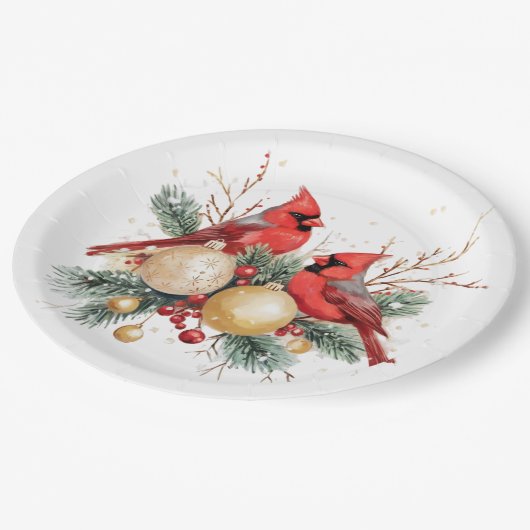 Assiettes En Carton Aquarelle Joyeux Noël Cardinal rouge & Berries (Angle)