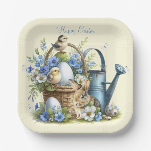 Assiettes En Carton Aquarelle Lapin de Pâques Personnalisé (Recto)
