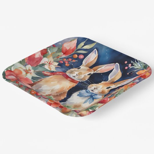 Assiettes En Carton Aquarelle Lapins de Noël Or rouge Floral (Angulaire)
