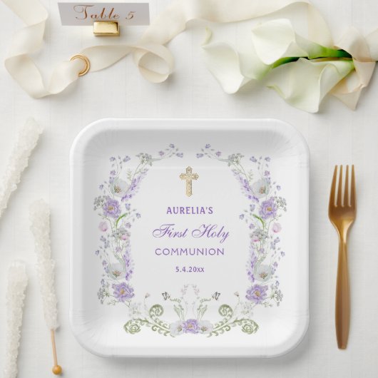 Assiettes En Carton Aquarelle Lilac Fleurs Arc Première communion (Mariage)
