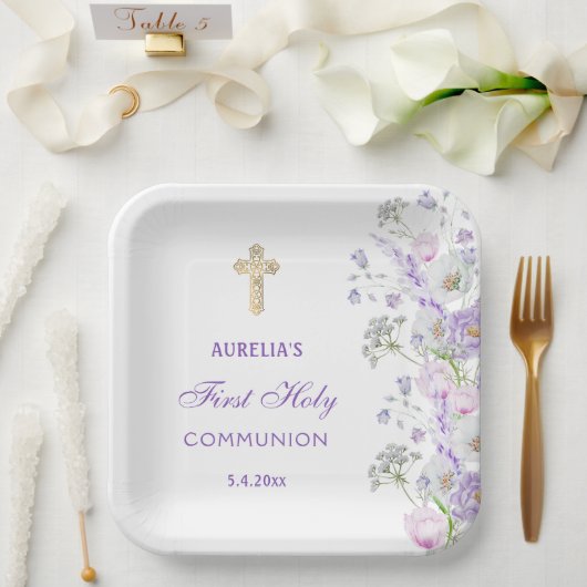 Assiettes En Carton Aquarelle Lilac Fleurs Première communion (Mariage)