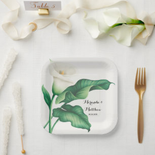 Assiettes En Carton Aquarelle Lit blanc avec Mariage de feuillage vert