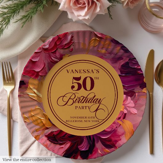 Assiettes En Carton Aquarelle Magenta Rose Or 50e Plaques d'anniversai
