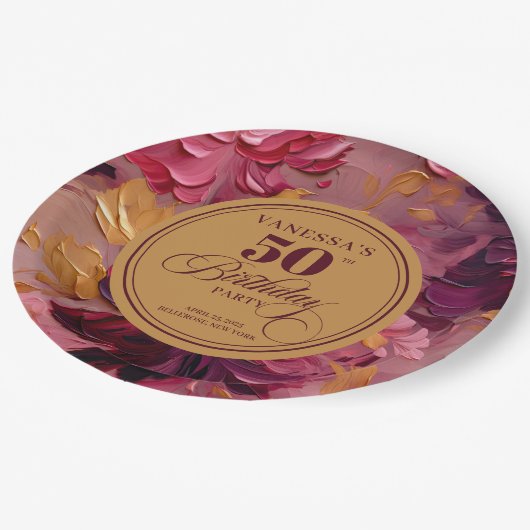 Assiettes En Carton Aquarelle Magenta Rose Or 50e Plaques d'anniversai (Angle)