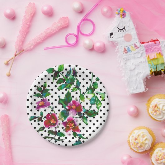 Assiettes En Carton Aquarelle magenta rose roses rétro pois (Fête)