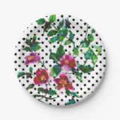 Assiettes En Carton Aquarelle magenta rose roses rétro pois (Devant)