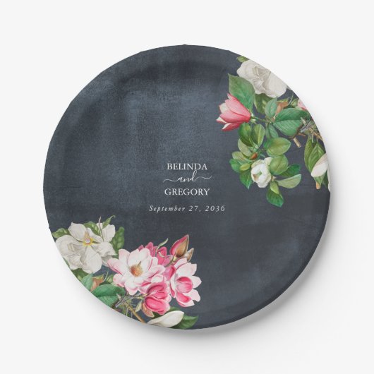 Assiettes En Carton Aquarelle Magnolia Fleurs Mariage Noir Blanc (Devant)