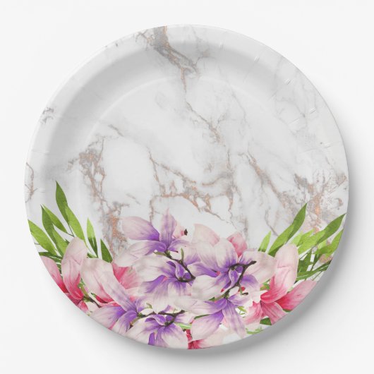 Assiettes En Carton Aquarelle Magnolias, Faux Marble Texture (Devant)