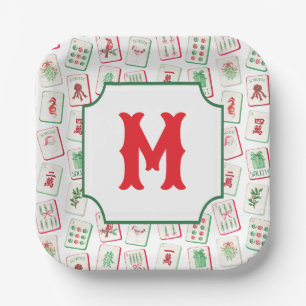 Assiettes En Carton Aquarelle Mahjong Rouge & Vert Noël Monogramme