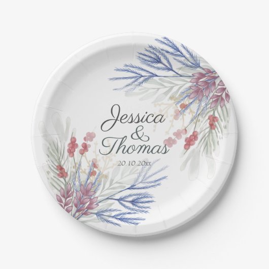 Assiettes En Carton Aquarelle Mariage du feuillage d'hiver (Devant)