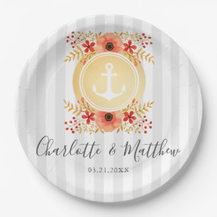 Assiettes En Carton Aquarelle marine Floral Gold Ancre Mariage