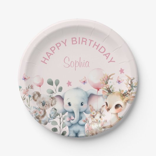 Assiettes En Carton Aquarelle mignonne Animaux sauvages Fille rose Ann (Devant)