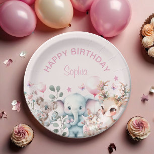 Assiettes En Carton Aquarelle mignonne Animaux sauvages Fille rose Ann