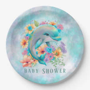 Assiettes En Carton Aquarelle mignonne Dauphin et Baby shower de fleur