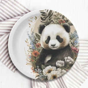 Assiettes En Carton Aquarelle mignonne Fleur sauvage Panda Ours Annive