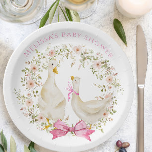 Assiettes En Carton Aquarelle mignonne oie Baby shower floral fille