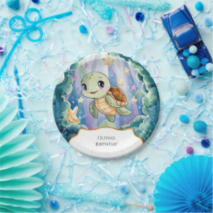 Assiettes En Carton Aquarelle mignonne Tortue des enfants Anniversaire