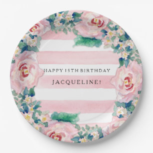 Assiettes En Carton Aquarelle MODERNE Chic Large Stripes avec Rose