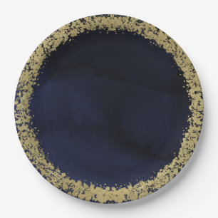 Assiettes En Carton Aquarelle moderne Moody Marine Blue & Gold Mariage