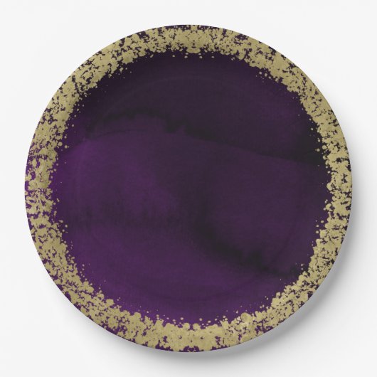 Assiettes En Carton Aquarelle moderne Moody Purple & Gold Mariage (Devant)